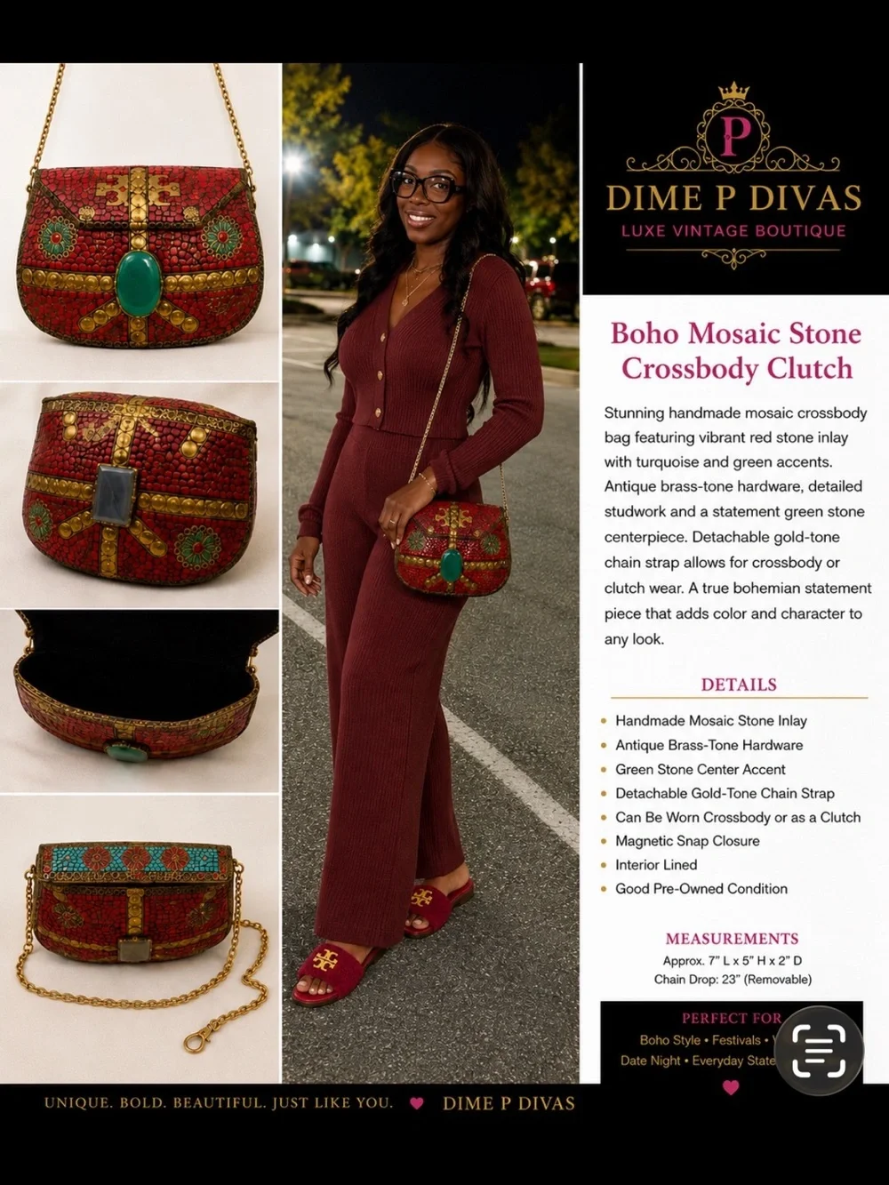 Red Mosaic Embellished Clutch with Teal Stone Accent